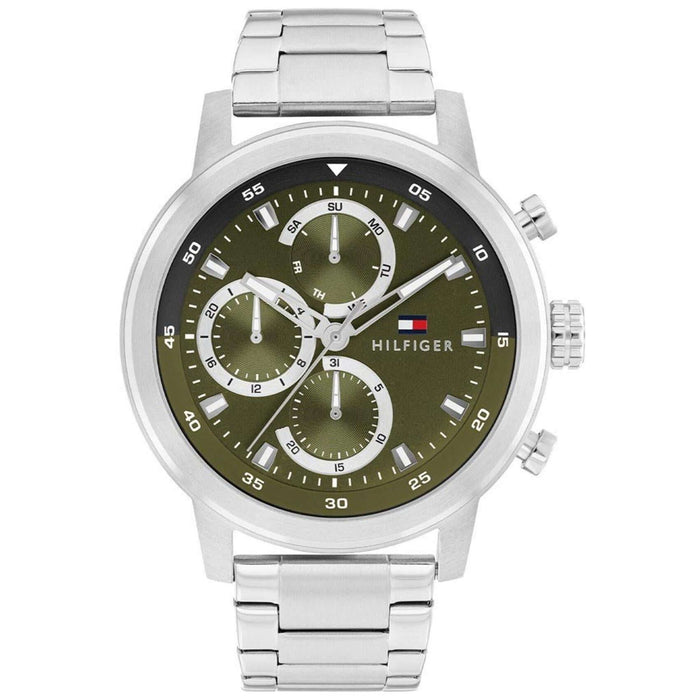 Ανδρικό ρολόι Tommy Hilfiger 1792180 με ασημί ατσάλινο μπρασελέ και πράσινο καντράν διαμέτρου 46mm.