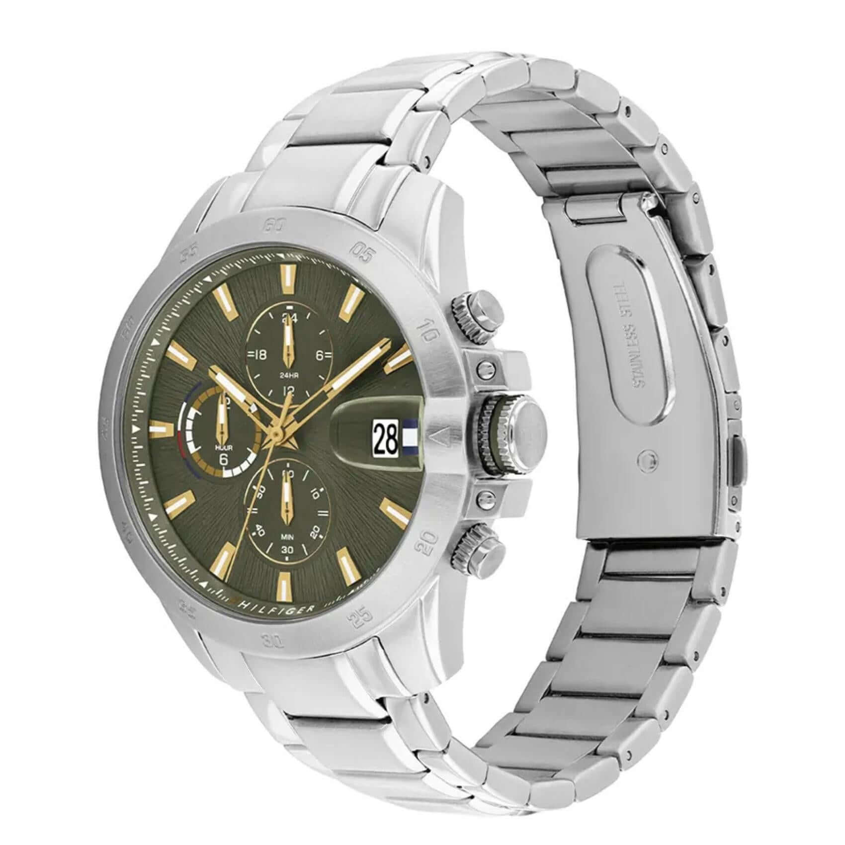 Ανδρικό ρολόι Tommy Hilfiger 1792197 με ασημί ατσάλινο μπρασελέ και πράσινο καντράν 43mm.