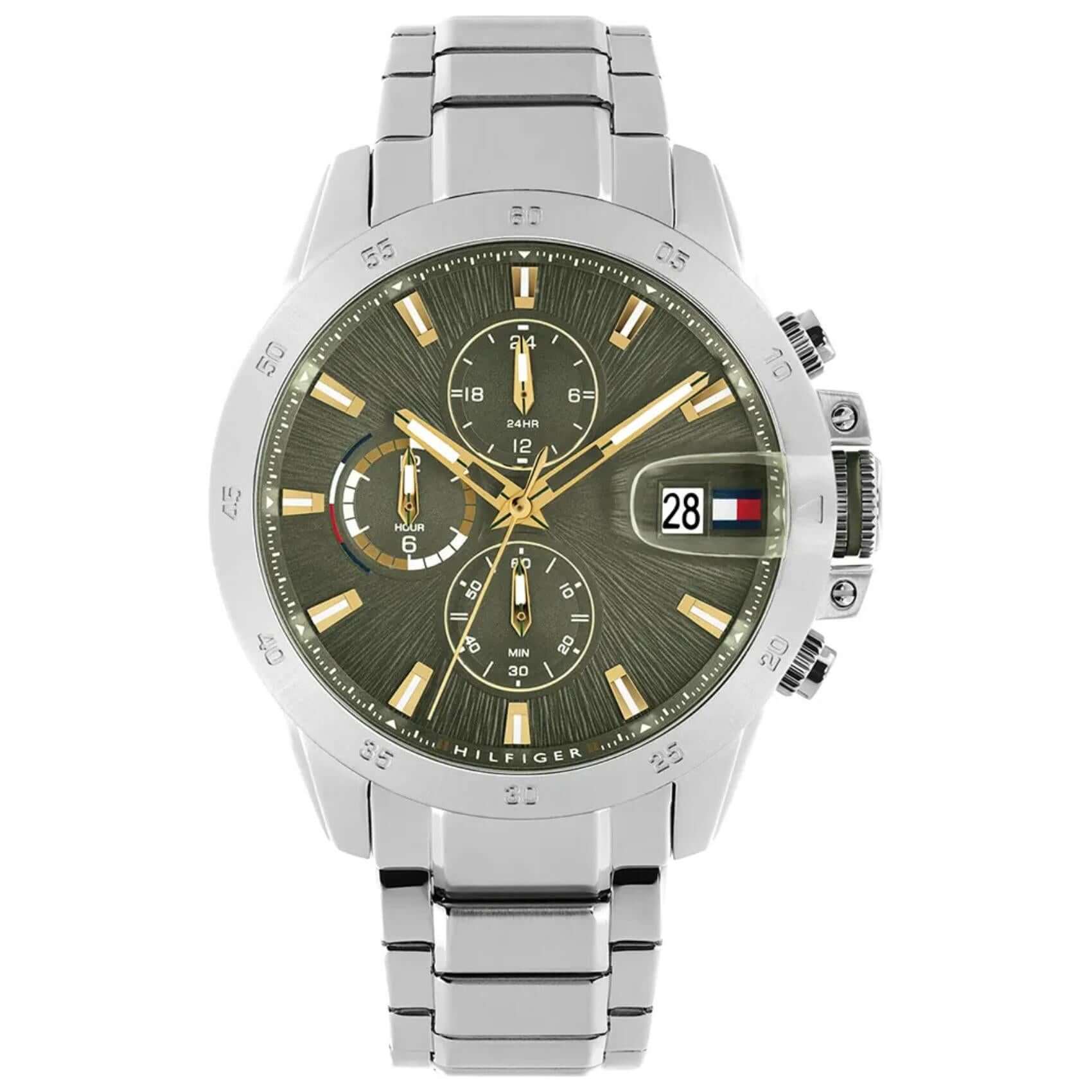 Ανδρικό ρολόι Tommy Hilfiger 1792197 με ασημί ατσάλινο μπρασελέ και πράσινο καντράν διαμέτρου 43mm.