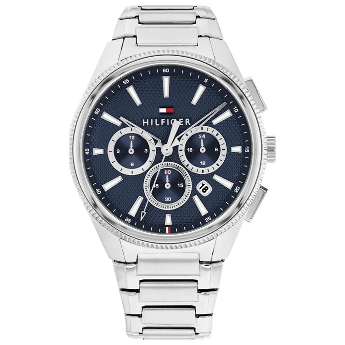 Ανδρικό ρολόι Tommy Hilfiger Sam 1792253 χρονογράφος με ασημί μπρασελέ και μπλε καντράν 43mm με ένδειξη ημερομηνίας.