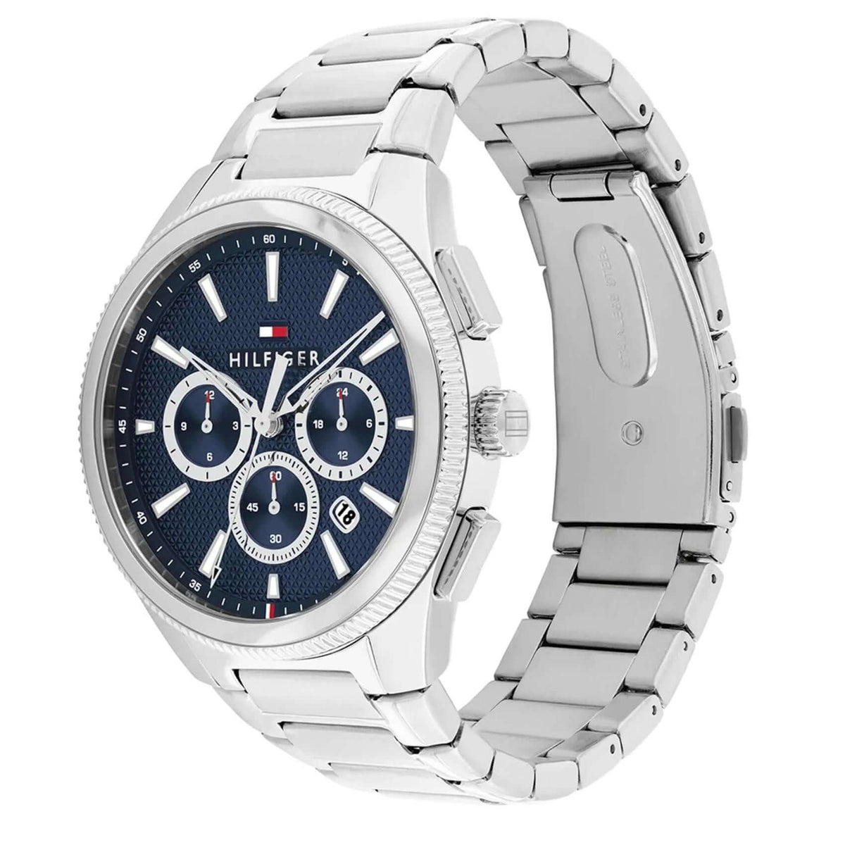 Μπλε καντράν 43mm του ανδρικού ρολογιού Tommy Hilfiger Sam 1792253 με ενδείξεις χρονογράφου και ημερομηνίας.