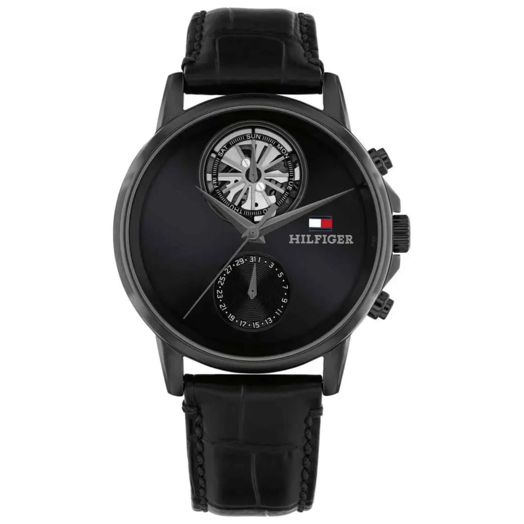 Ανδρικό ρολόι Tommy Hilfiger Stewart 1710748 με μαύρο δερμάτινο λουράκι και μαύρο skeleton καντράν 40mm.