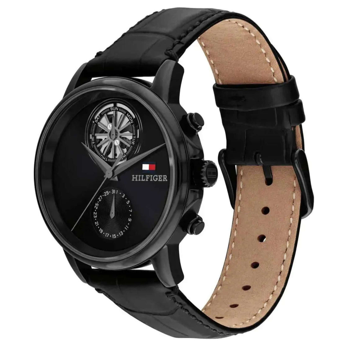 Μαύρο skeleton καντράν 40mm του ανδρικού ρολογιού Tommy Hilfiger Stewart 1710748 με ένδειξη ημέρας και ημερομηνίας.