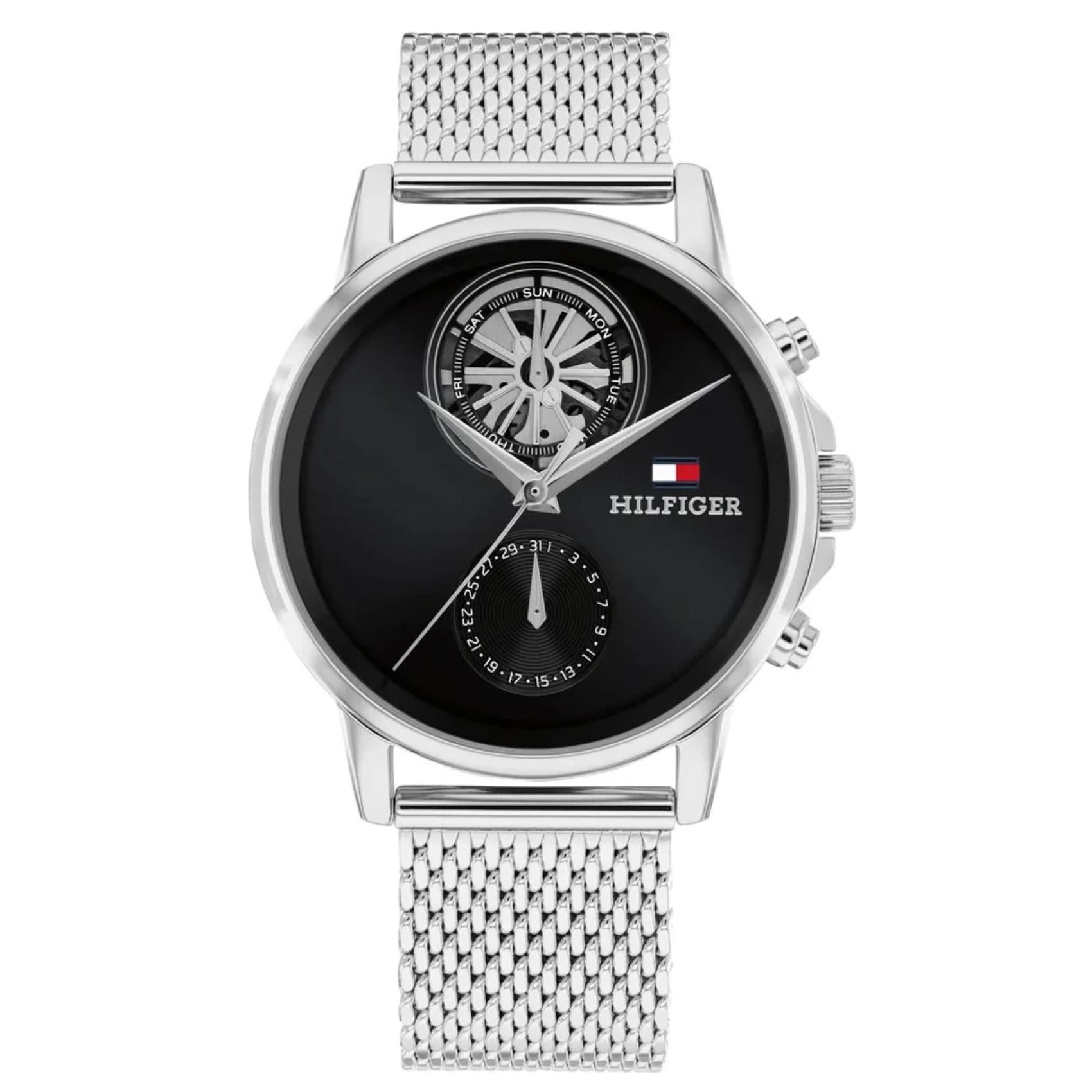 Ανδρικό ρολόι Tommy Hilfiger Stewart 1710749 με ασημί μπρασελέ και μαύρο καντράν