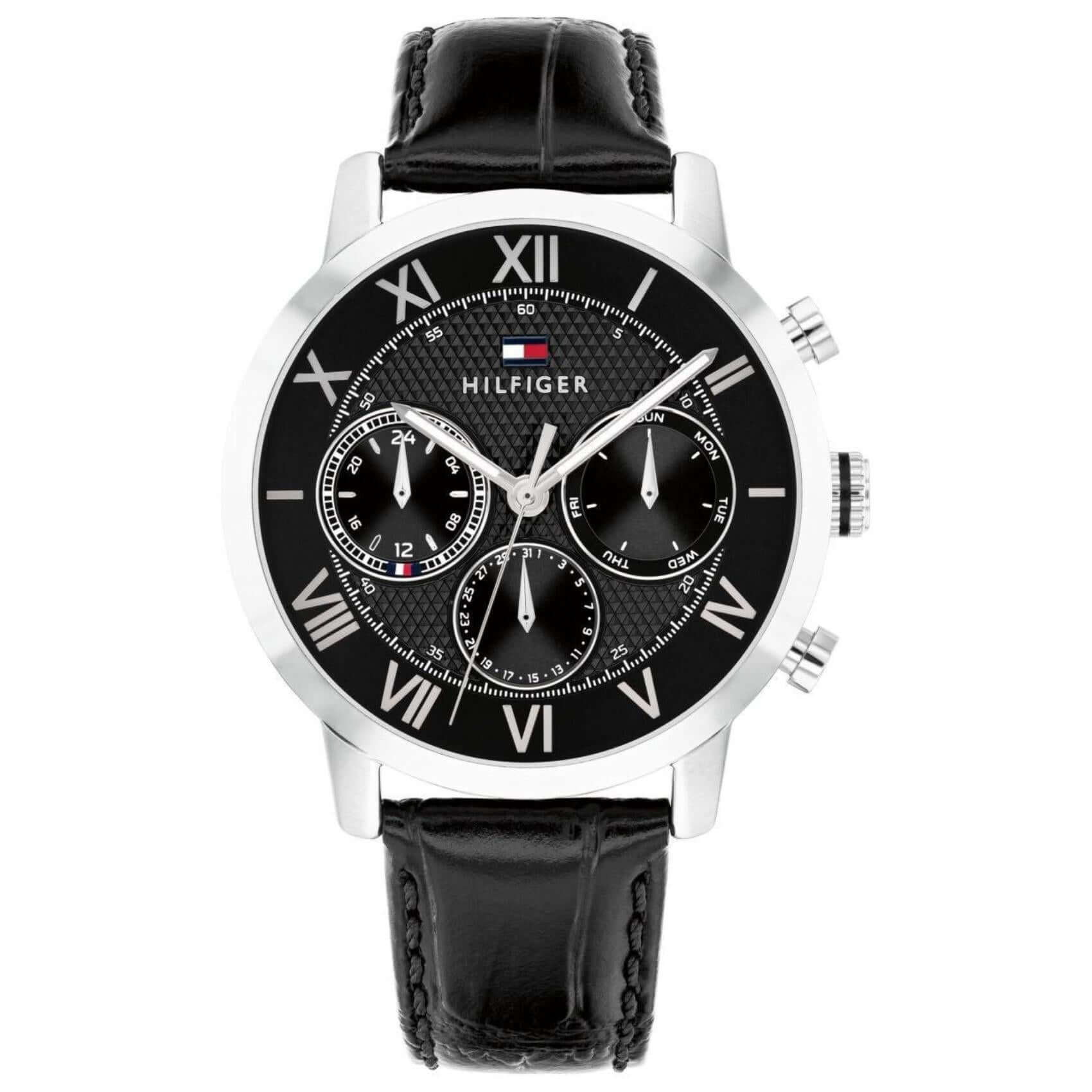 Ανδρικό ρολόι Tommy Hilfiger TH-Oxford 1710725 με μαύρο δερμάτινο λουράκι και μαύρο καντράν 42mm.