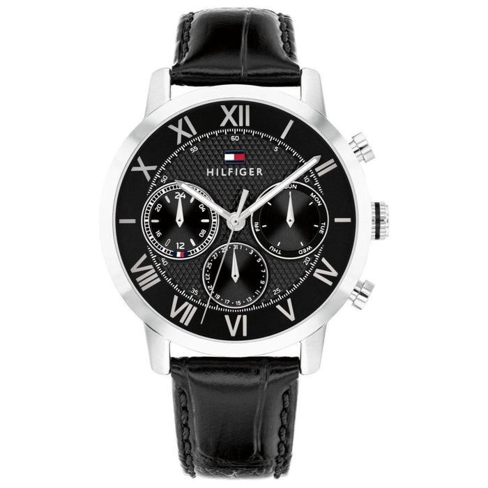 Ανδρικό ρολόι Tommy Hilfiger TH-Oxford 1710725 με μαύρο δερμάτινο λουράκι και μαύρο καντράν 42mm.