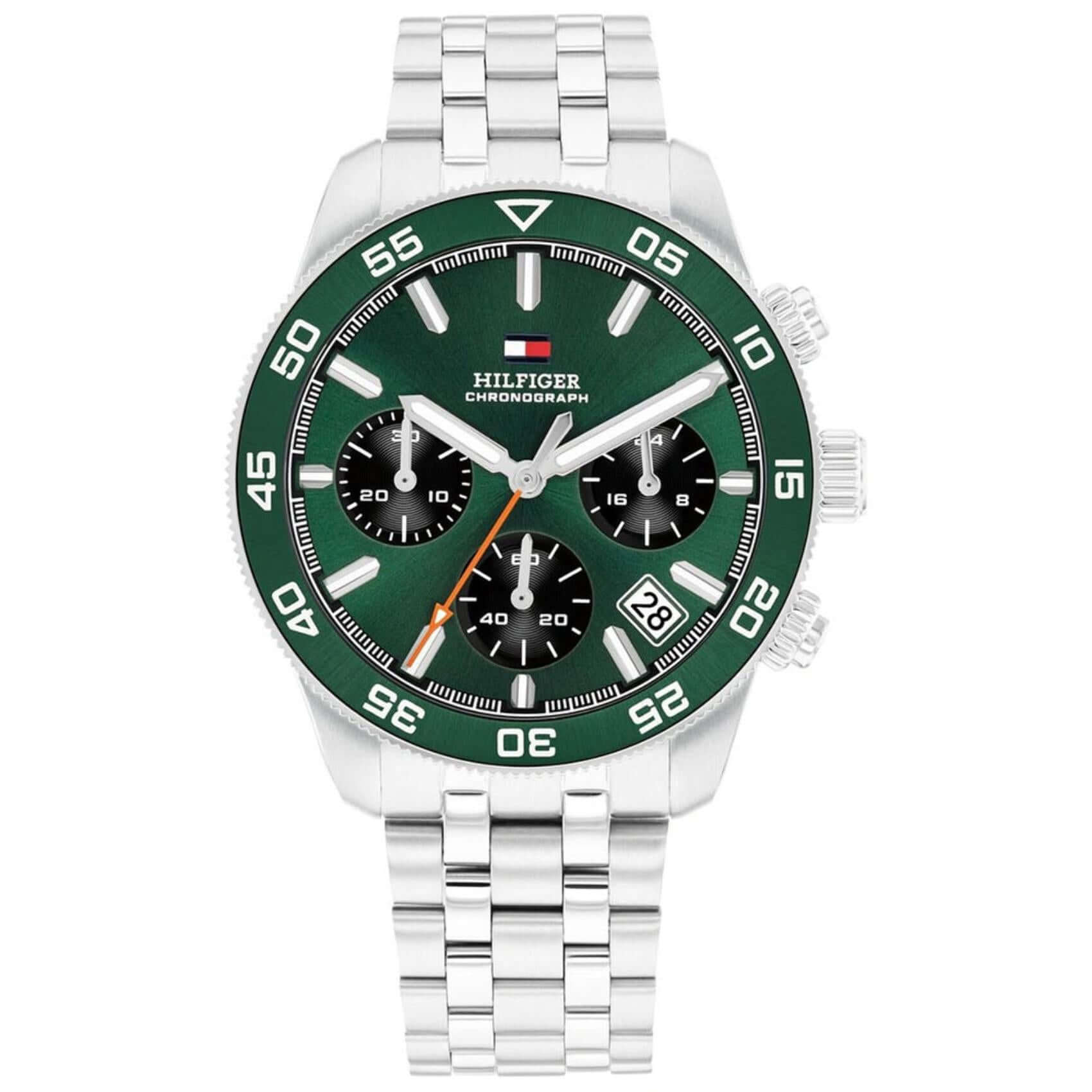 Ανδρικό ρολόι Tommy Hilfiger TH85 1792214 χρονογράφος με ασημί ατσάλινο μπρασελέ, πράσινο καντράν 41mm και κάσα σε καθαρή, minimal φωτογράφιση.