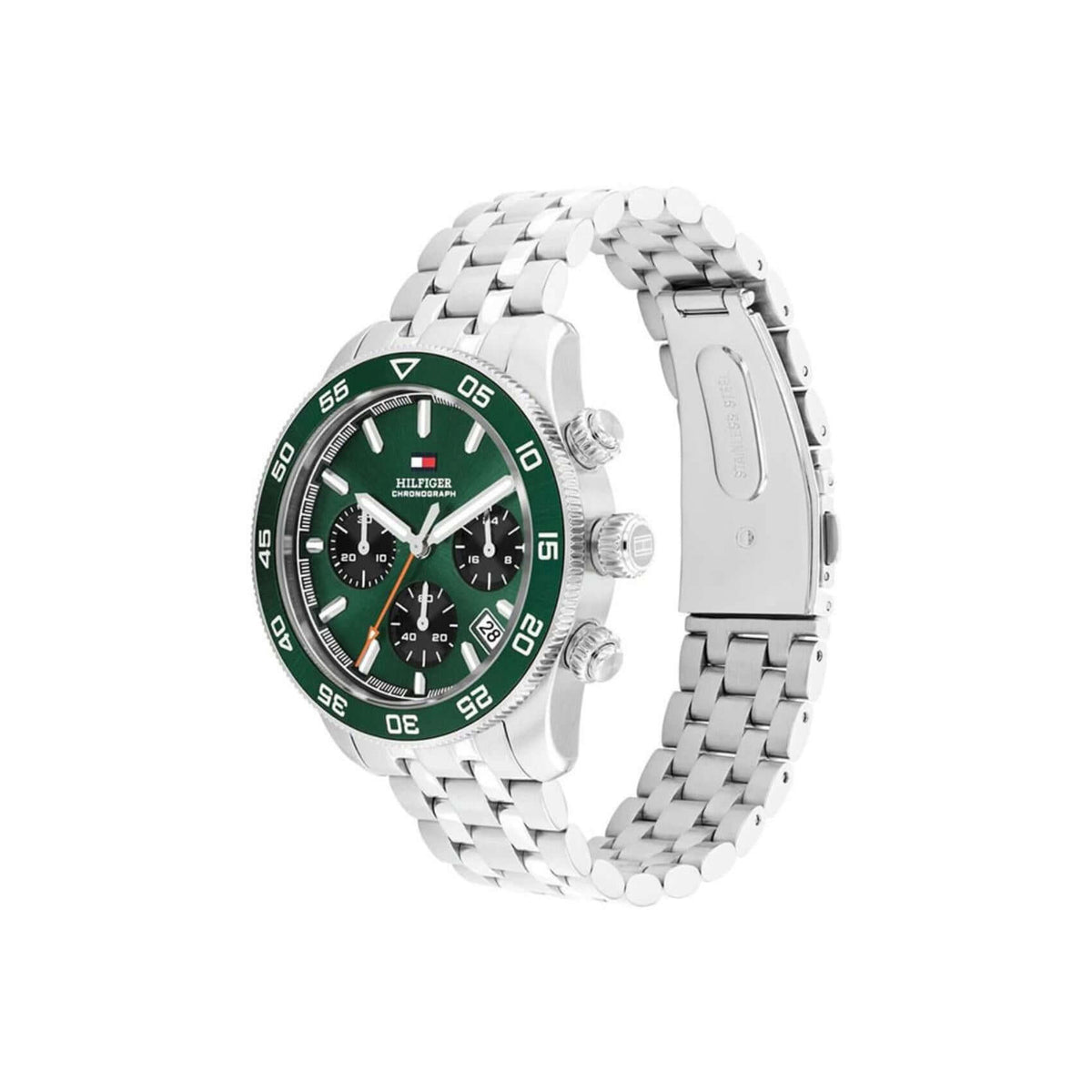 Πλάγια λήψη του Tommy Hilfiger TH85 1792214 που αναδεικνύει το προφίλ της κάσας και το ασημί ατσάλινο μπρασελέ.