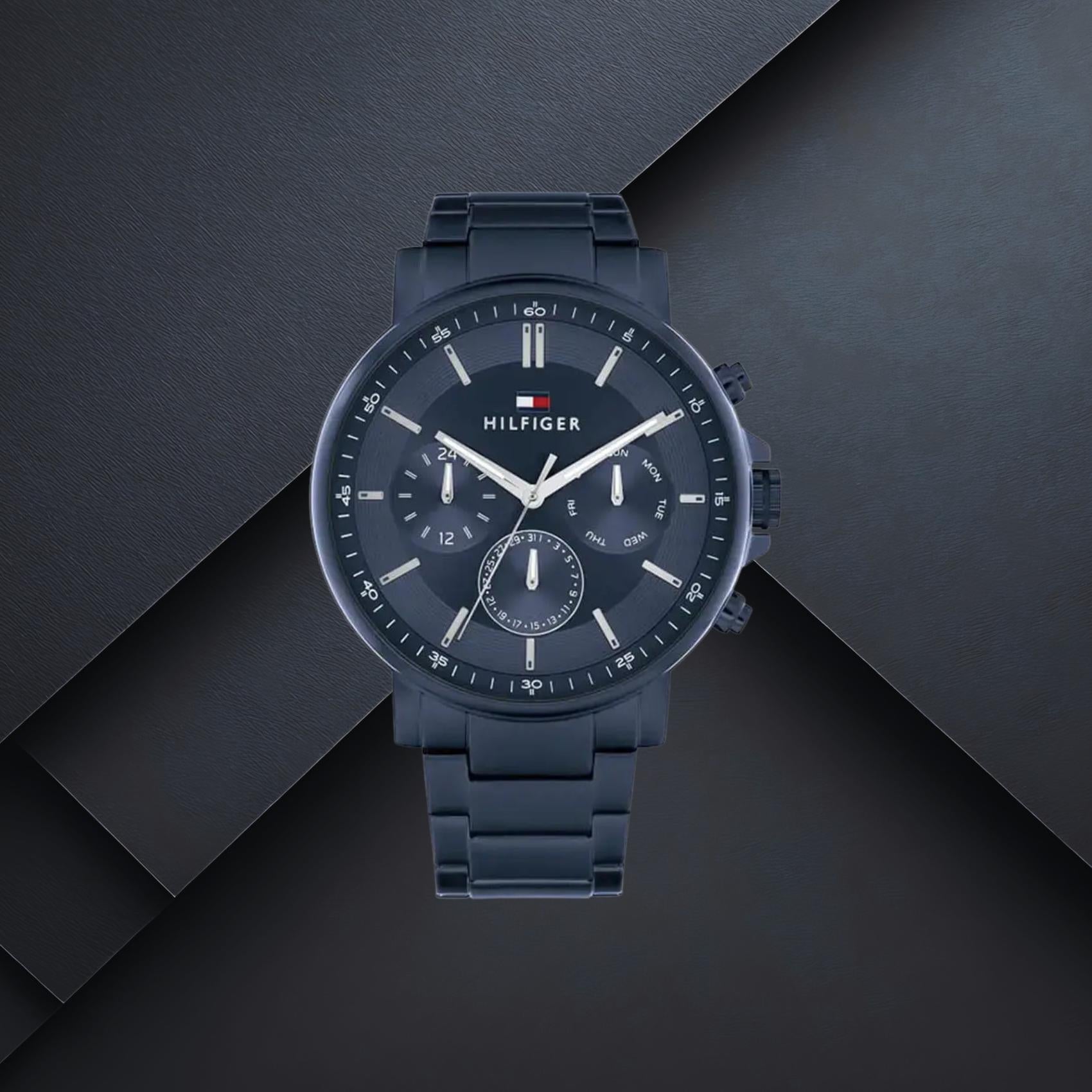 Ανδρικό ρολόι Tommy Hilfiger Tyson 1710705 με μπλε μπρασελέ, μπλε καντράν 44mm, ημέρα, ημερομηνία και ώρα σε 24ώρη βάση