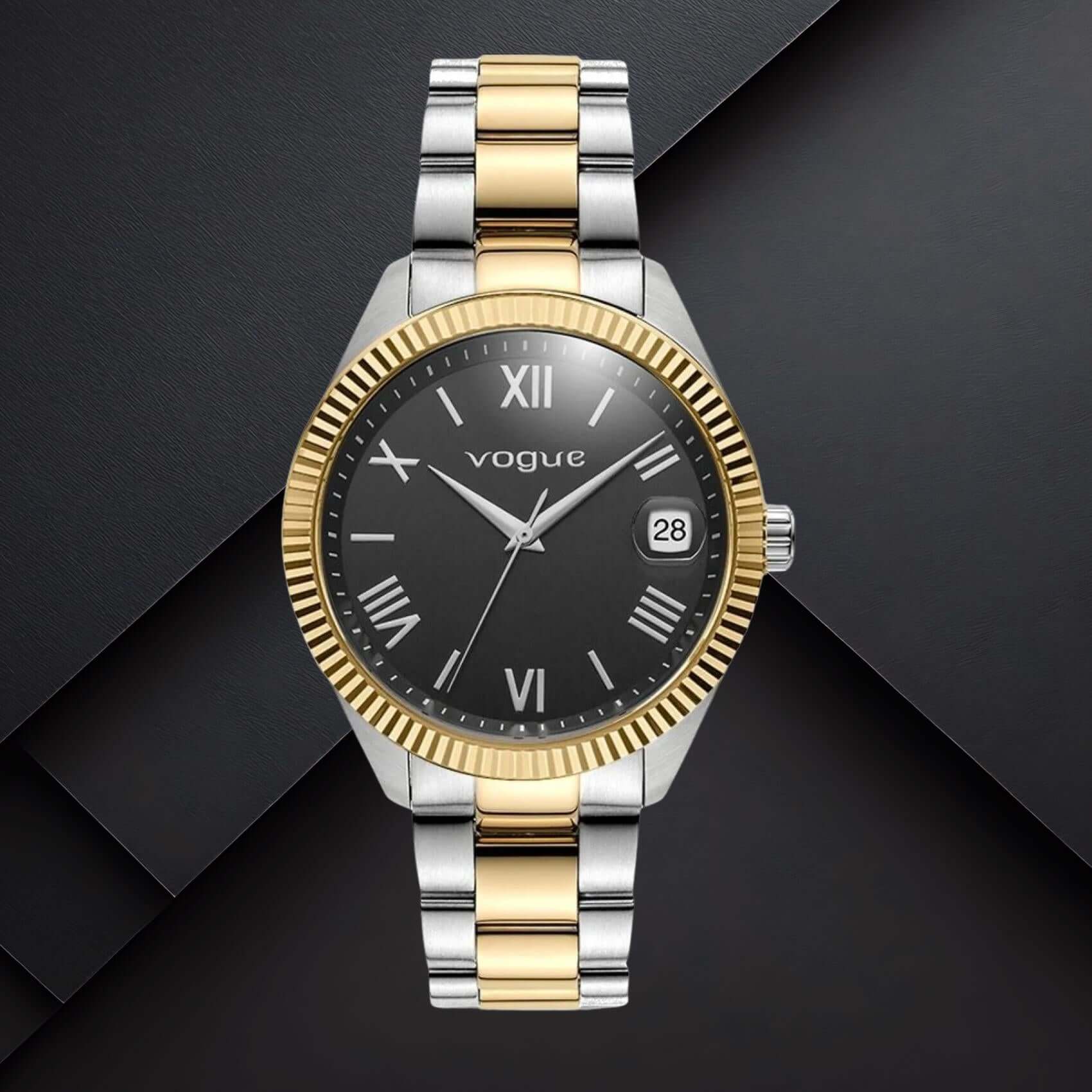 Ανδρικό ρολόι Vogue Rey 2020650461 με μαύρο καντράν 41mm και δίχρωμο ατσάλινο μπρασελέ σε ασημί και χρυσό χρώμα με ένδειξη ημερομηνίας.