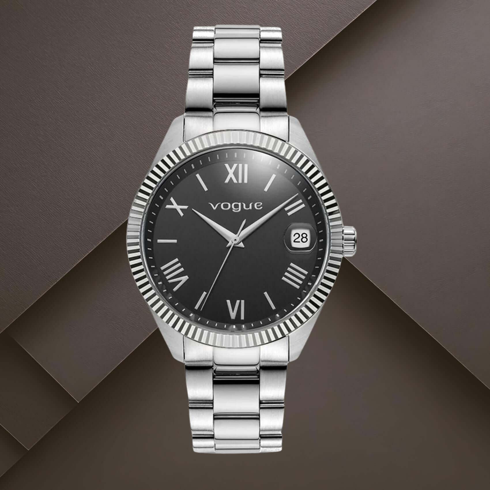 Ανδρικό ρολόι Vogue Rey 2020650481 με μαύρο καντράν 41mm και ασημί ατσάλινο μπρασελέ με ένδειξη ημερομηνίας.