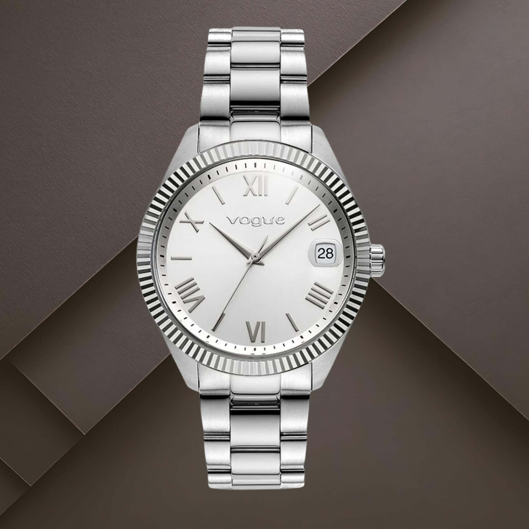 Ανδρικό ρολόι Vogue Rey 2020650483 με ασημί καντράν 41mm και ασημί ατσάλινο μπρασελέ με ένδειξη ημερομηνίας.