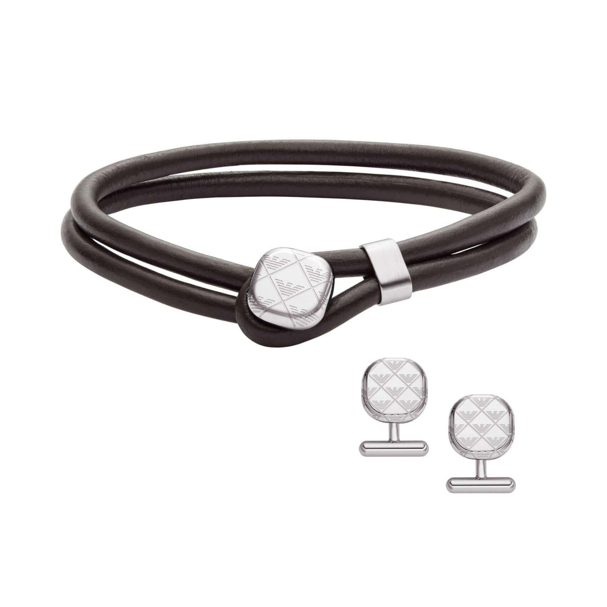 Ανδρικό σετ Emporio Armani Eagle Logo EGS3151SET με βραχιόλι από μαύρο δέρμα και μανικετόκουμπα από ανοξείδωτο ατσάλι.