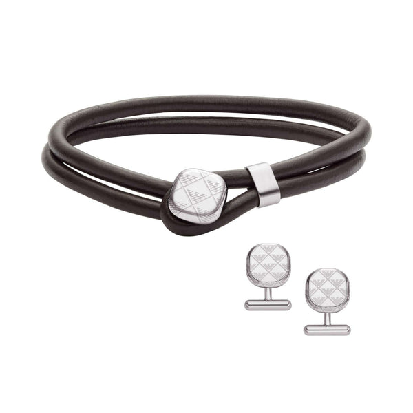 Ανδρικό σετ Emporio Armani Eagle Logo EGS3151SET με βραχιόλι από μαύρο δέρμα και μανικετόκουμπα από ανοξείδωτο ατσάλι.