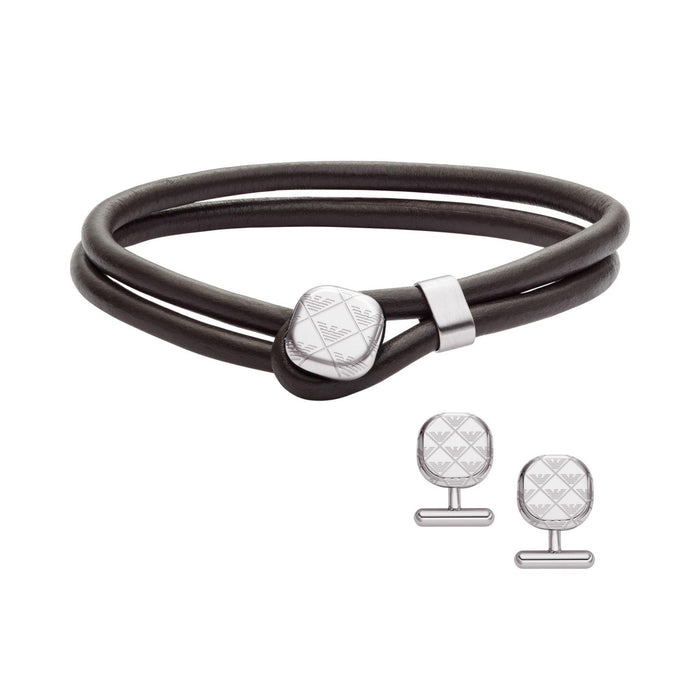 Ανδρικό σετ Emporio Armani Eagle Logo EGS3151SET με βραχιόλι από μαύρο δέρμα και μανικετόκουμπα από ανοξείδωτο ατσάλι.
