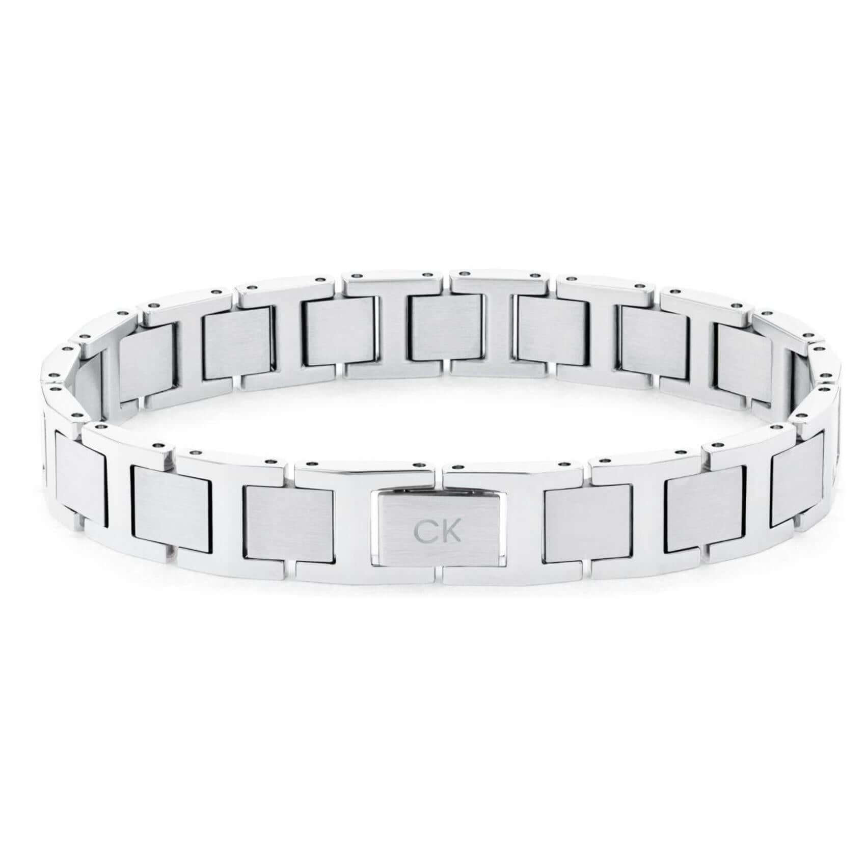 Ανδρικό βραχιόλι Calvin Klein 35100008 από ανοξείδωτο ατσάλι σε ασημί χρώμα, με σχέδιο μπρασελέ και κούμπωμα ασφαλείας, μήκους 19.5 cm