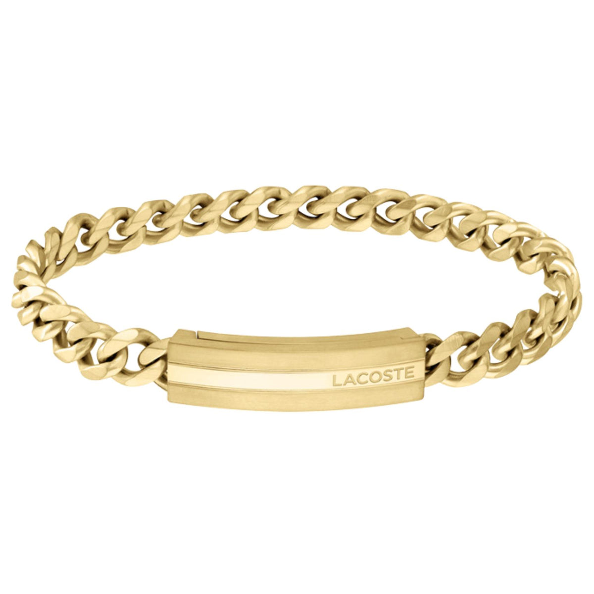 Ανδρικό βραχιόλι αλυσίδα Lacoste Adventurer 2040092 σε χρυσό χρώμα από επιχρυσωμένο ατσάλι σε σχέδιο ταυτότητας, μήκος 20cm