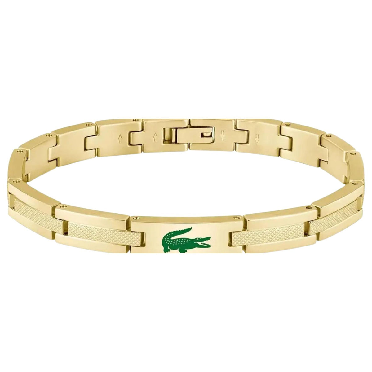 Ανδρικό βραχιόλι Lacoste Stencil 2040626 σε χρυσό χρώμα από ανοξείδωτο ατσάλι με πράσινο λογότυπο, μήκος 20cm