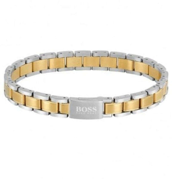 Ανδρικό ατσάλινο βραχιόλι Boss 1580195 δίχρωμο σε ασημί-χρυσό χρώμα, ρυθμιζόμενο για ιδανική εφαρμογή.