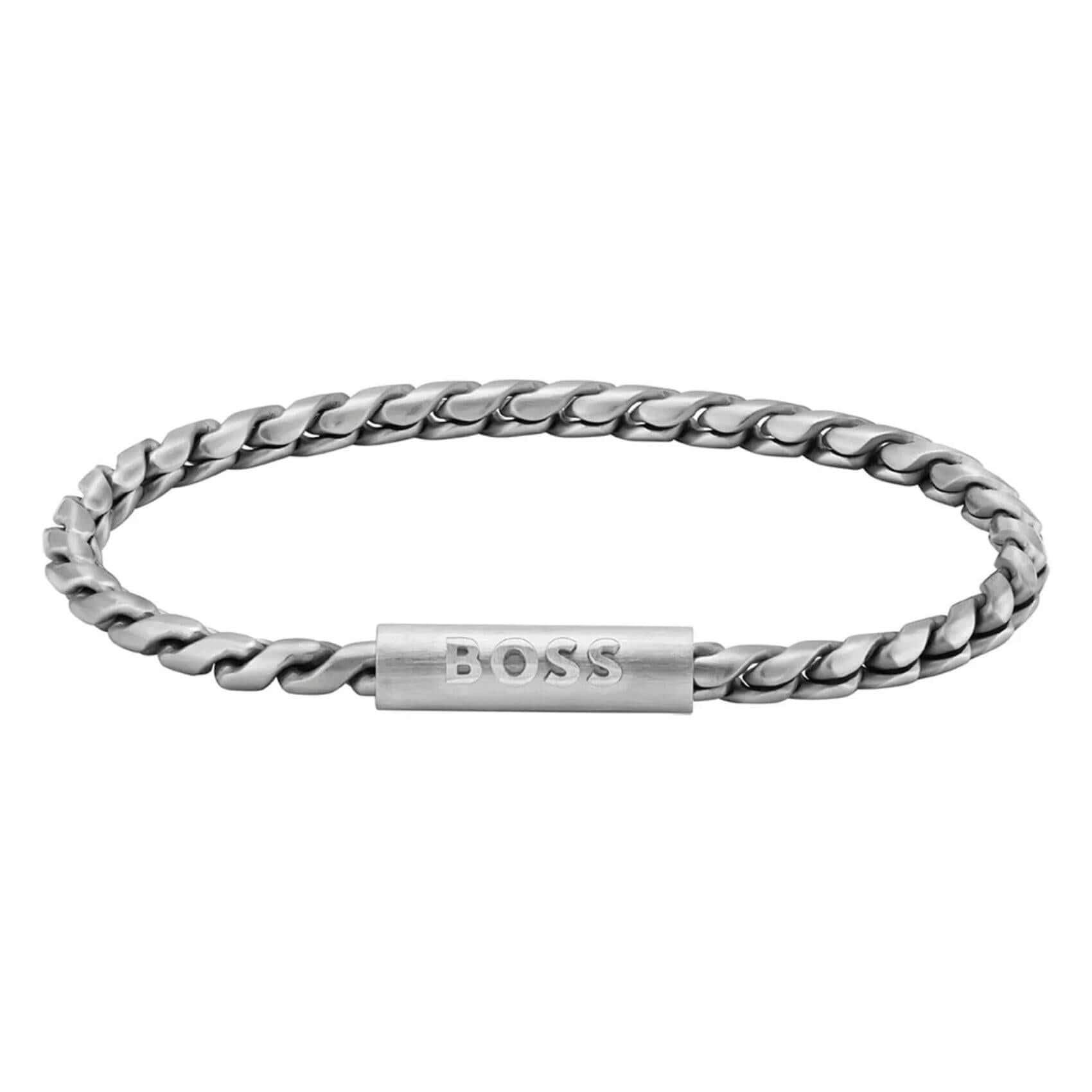 Ανδρικό βραχιόλι Boss 1580695 με ασημί μπρασελέ και ασημί στοιχείο κυλινδρικό στοιχείο, κατασκευασμένο από ανοξείδωτο ατσάλι.