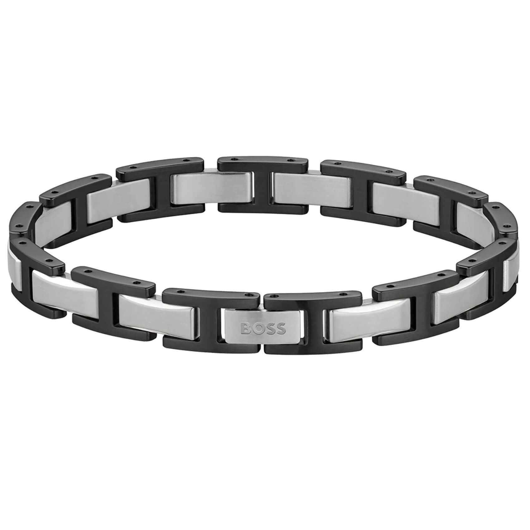 Ανδρικό βραχιόλι Boss 1580794 από ανοξείδωτο ατσάλι με μπρασελέ σε ασημί και μαύρο χρώμα και μήκος 19cm.