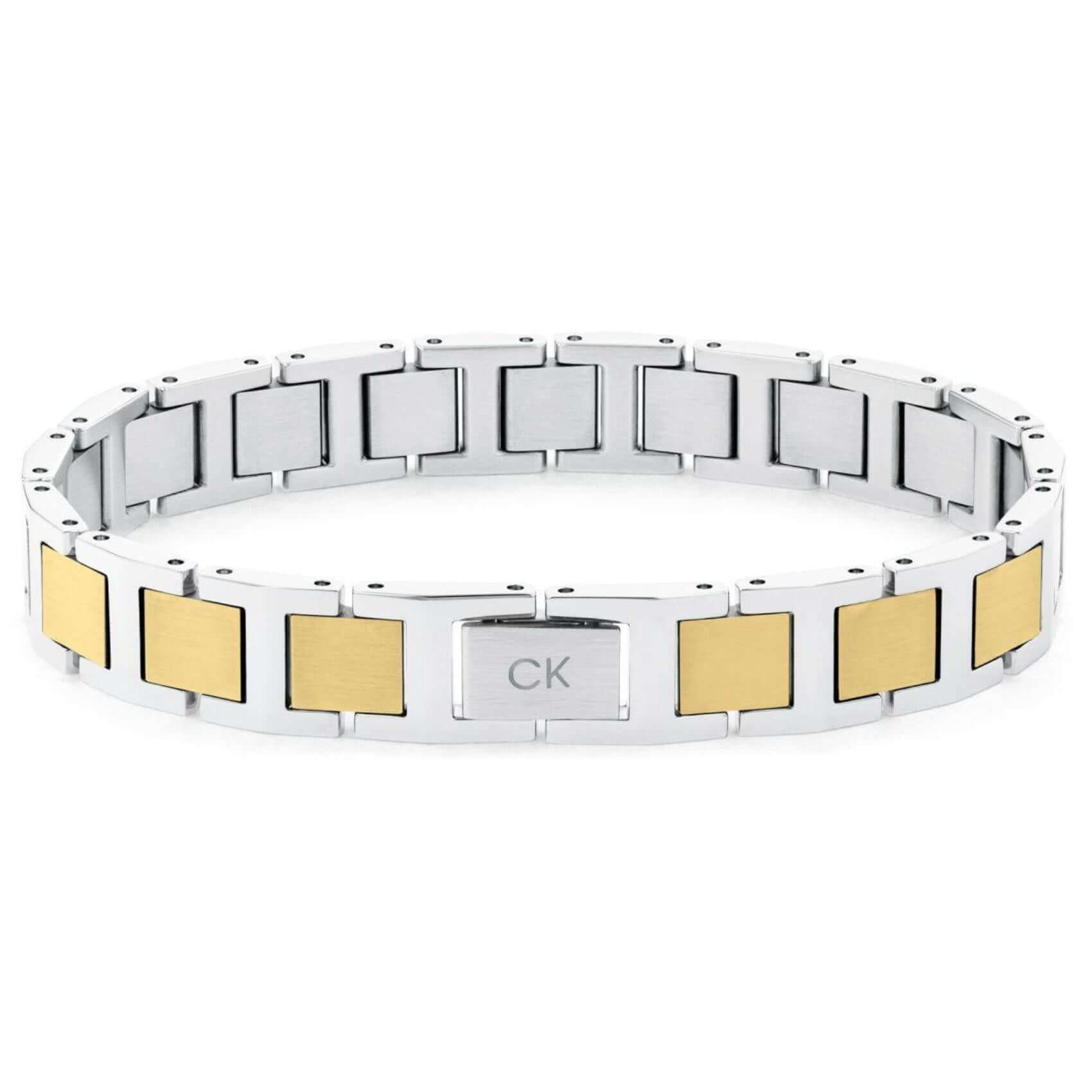 Ανδρικό βραχιόλι ταυτότητα Calvin Klein 35100009 δίχρωμο σε ασημί-χρυσό χρώμα κατασκευασμένο από χειρουργικό ατσάλι σε σχέδιο μπρασελέ. 