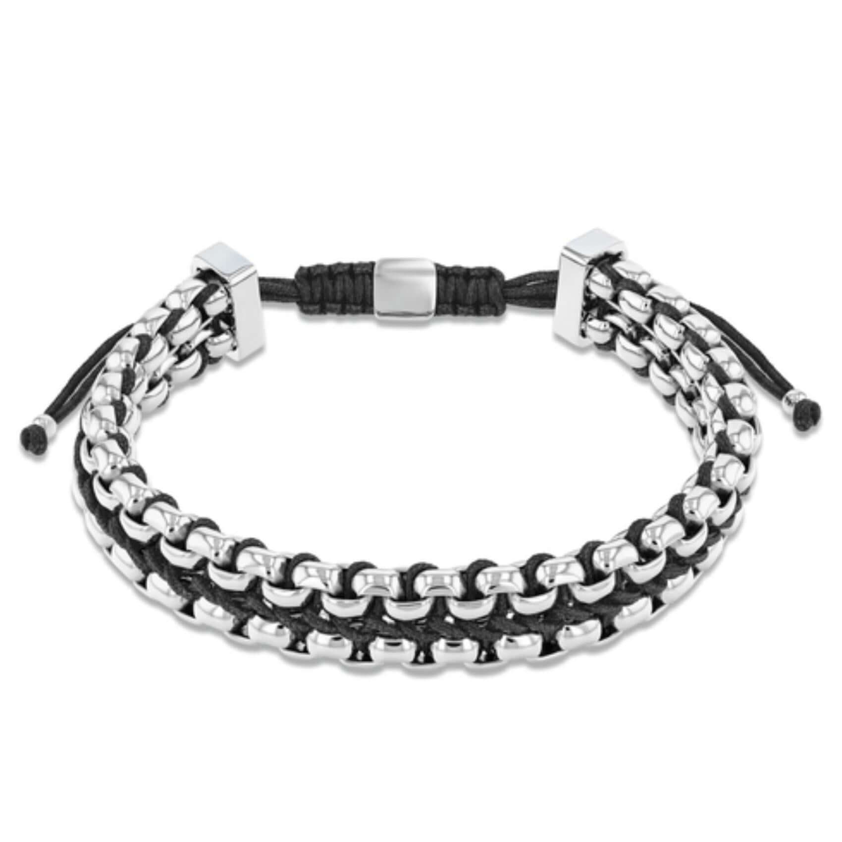 Ανδρικό βραχιόλι Calvin Klein 35100040 μακραμέ κατασκευασμένο από ατσάλι σε ασημί χρώμα με σχέδιο μπρασελέ και μαύρο κορδόνι.