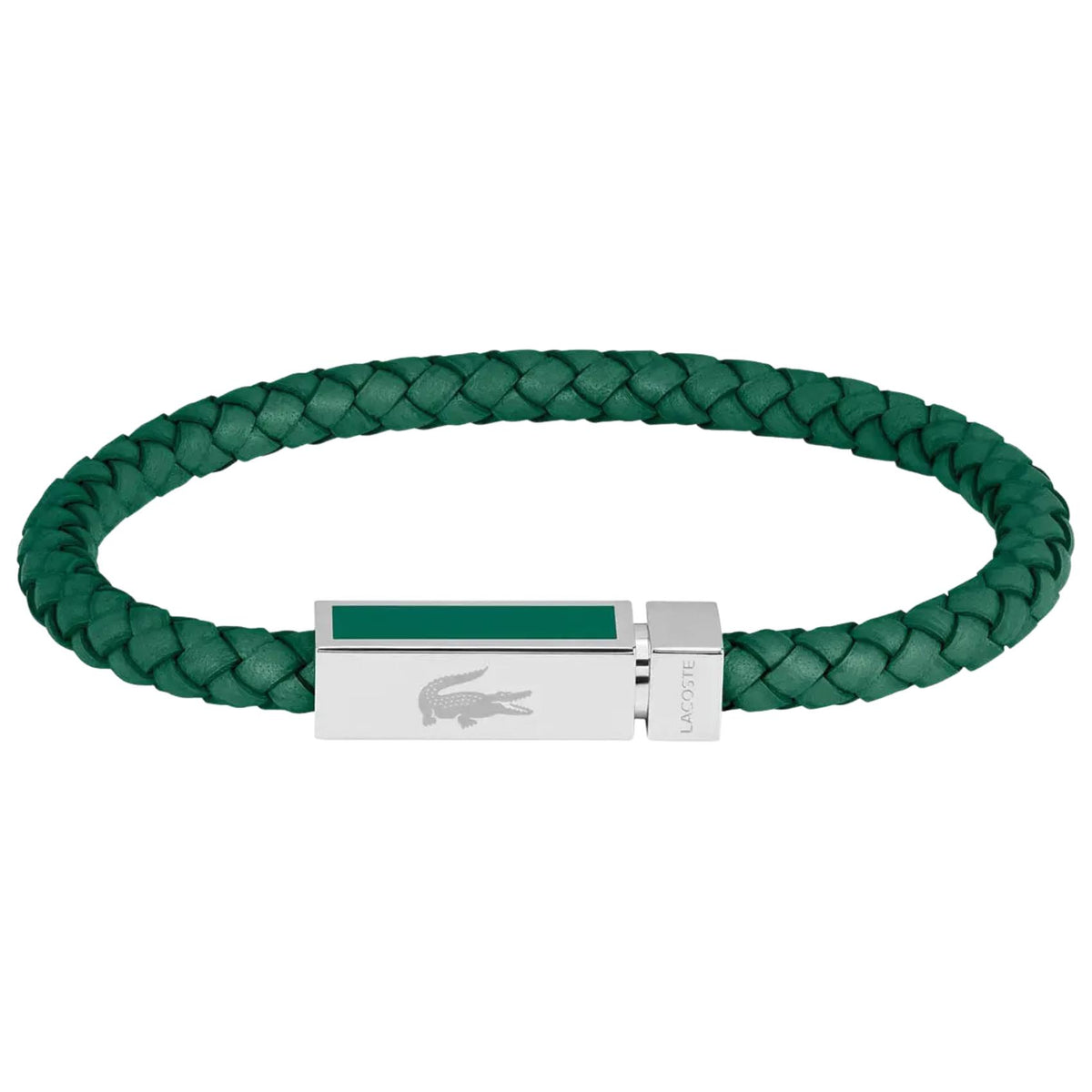 Ανδρικό βραχιόλι δερμάτινο Lacoste Rockel 2040449 σε πράσινο χρώμα από πλεκτό δέρμα με ατσάλινη αγκράφα, μήκος 21cm