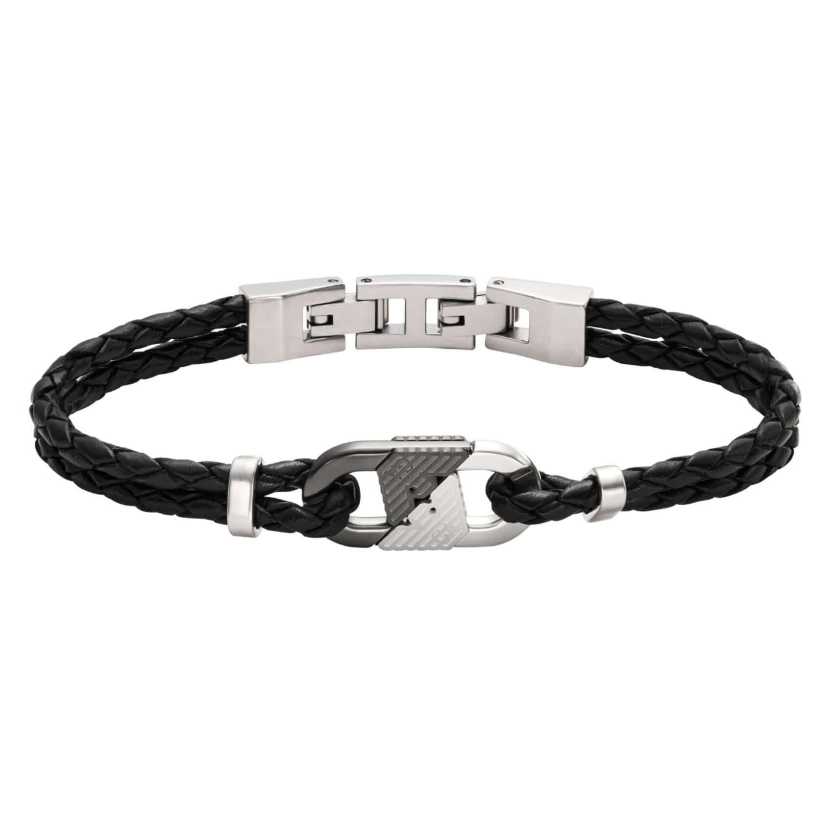 Ανδρικό βραχιόλι Emporio Armani Eagle Logo EGS3171040 από μαύρο δέρμα με ατσάλινο στοιχείο σε ασημί και μαύρο χρώμα.