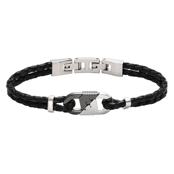Ανδρικό βραχιόλι Emporio Armani Eagle Logo EGS3171040 από μαύρο δέρμα με ατσάλινο στοιχείο σε ασημί και μαύρο χρώμα.