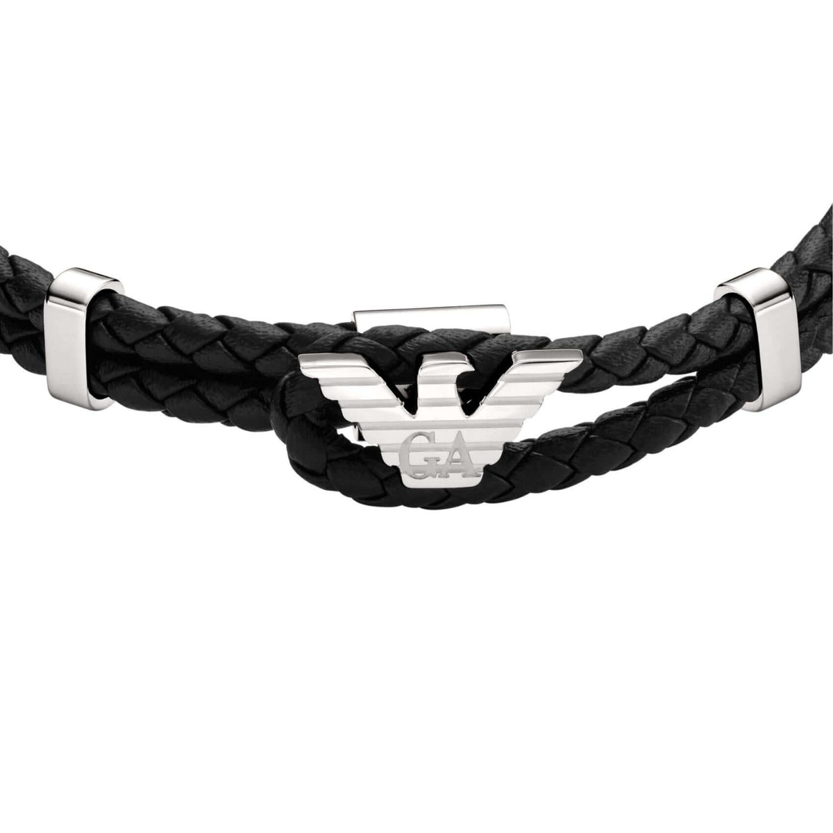 Λεπτομέρεια από το ανδρικό βραχιόλι Emporio Armani Eagle Logo EGS3237040 με μαύρο δέρμα και ασημί ατσάλινο στοιχείο.