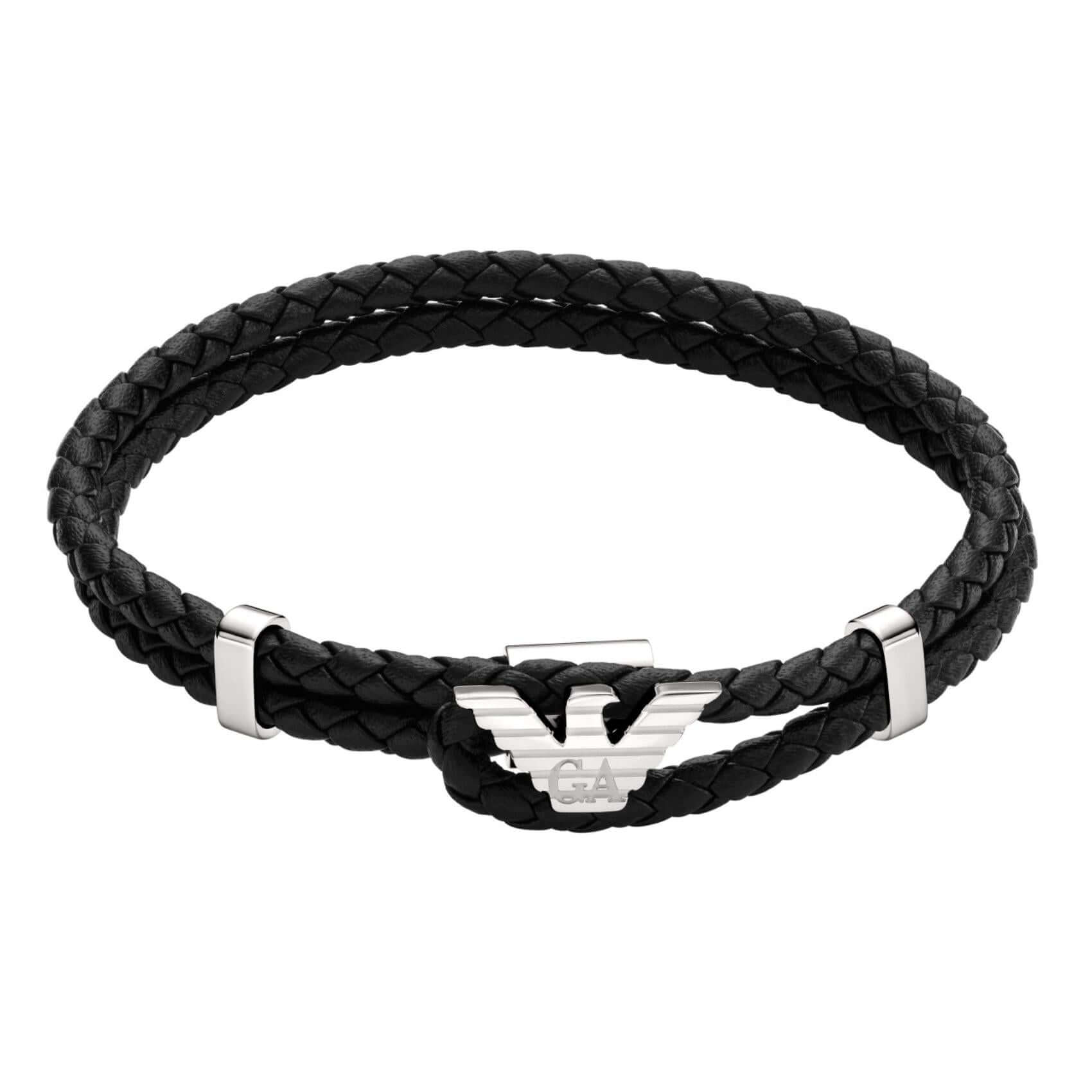 Ανδρικό βραχιόλι Emporio Armani Eagle Logo EGS3237040 από μαύρο δέρμα με ατσάλινο στοιχείο σε ασημί χρώμα.