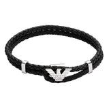 Ανδρικό βραχιόλι Emporio Armani Eagle Logo EGS3237040 από μαύρο δέρμα με ατσάλινο στοιχείο σε ασημί χρώμα.