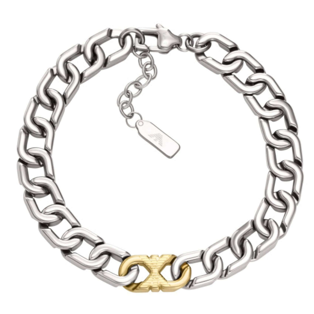 Ανδρικό βραχιόλι Emporio Armani Eagle Logo EGS3298040 από ανοξείδωτο ατσάλι σε ασημί χρώμα με σχέδιο αλυσίδας και κούμπωμα σε χρυσό χρώμα.