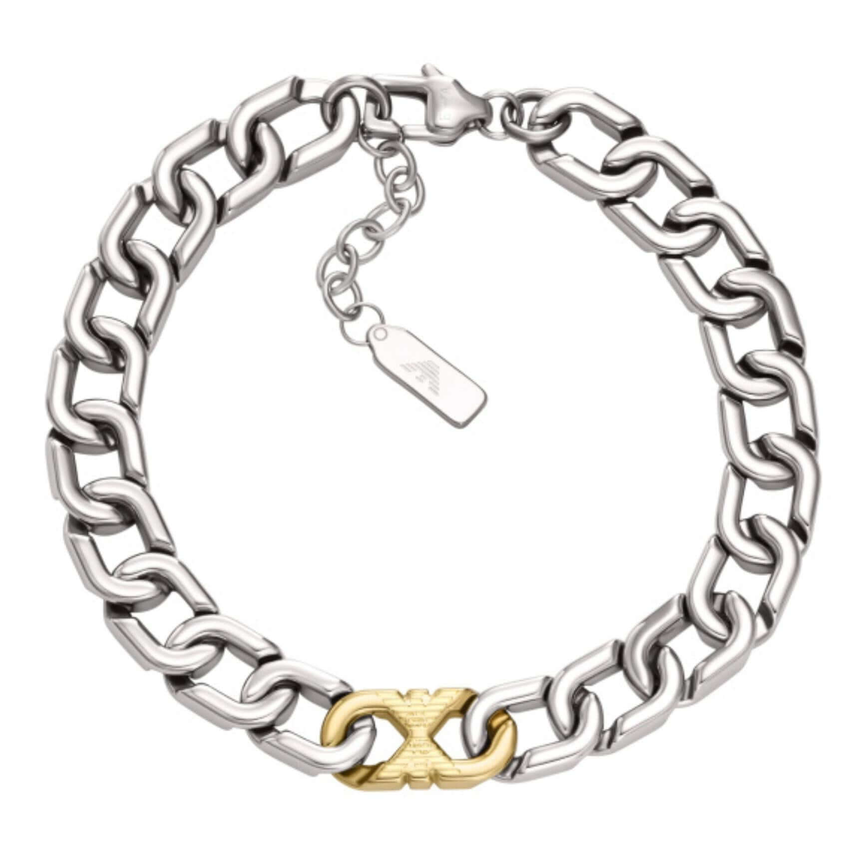 Ανδρικό βραχιόλι Emporio Armani Eagle Logo EGS3298040 από ανοξείδωτο ατσάλι σε ασημί χρώμα με σχέδιο αλυσίδας και κούμπωμα σε χρυσό χρώμα.