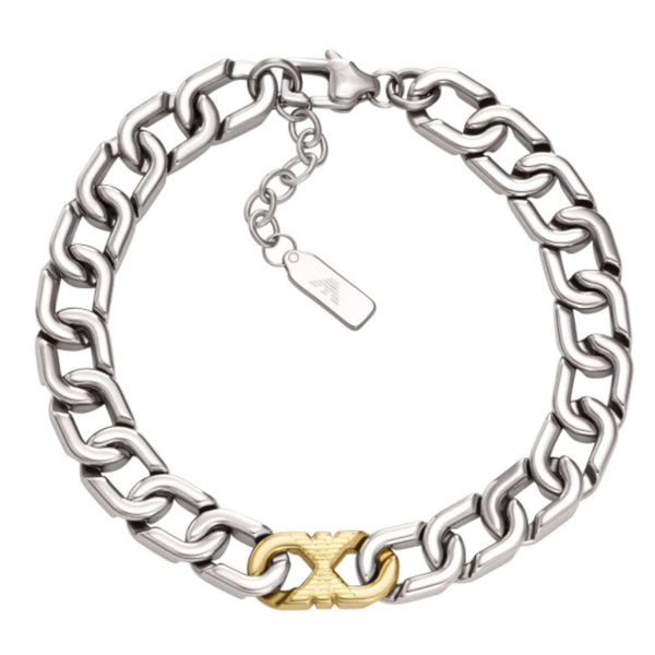 Ανδρικό βραχιόλι Emporio Armani Eagle Logo EGS3298040 από ανοξείδωτο ατσάλι σε ασημί χρώμα με σχέδιο αλυσίδας και κούμπωμα σε χρυσό χρώμα.