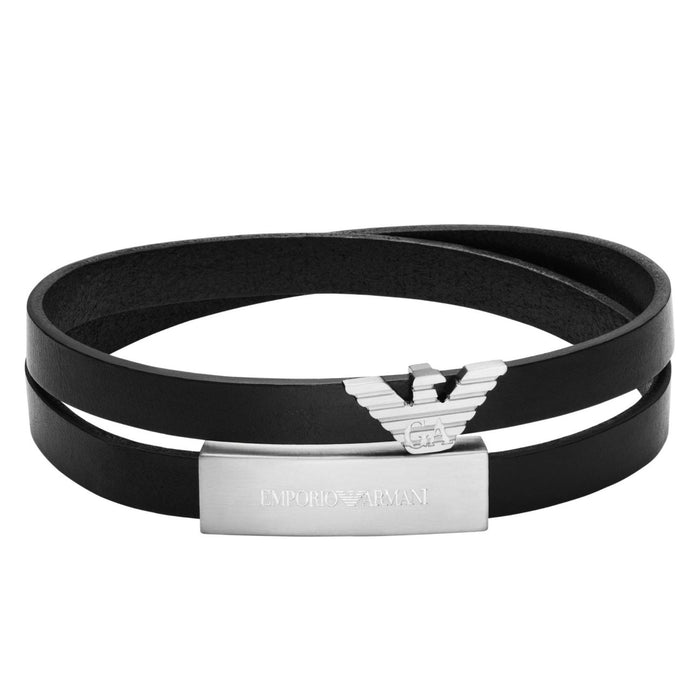 Ανδρικό βραχιόλι Emporio Armani Eagle Logo EGS3311040 από μαύρο δέρμα με ατσάλινο στοιχείο ταυτότητας και λογότυπο σε ασημί χρώμα.