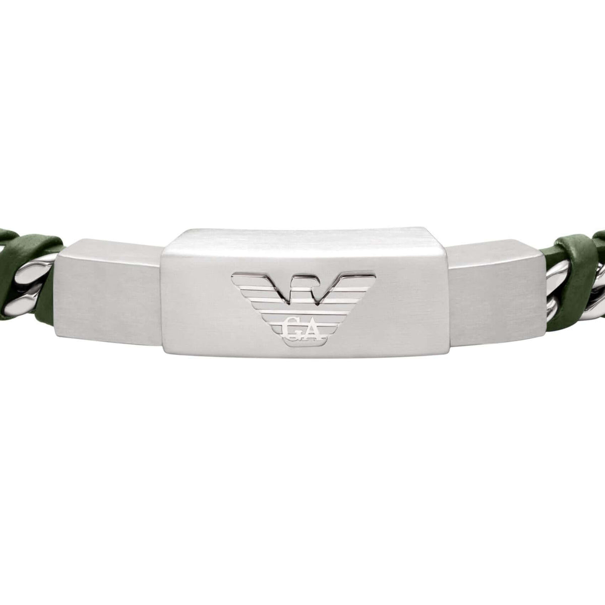 Λεπτομέρεια από το ανδρικό βραχιόλι Emporio Armani Eagle Logo EGS3320040 με μοτίφ ταυτότητα από ασημί ανοξείδωτο ατσάλι και πράσινο πλεκτό δερμάτινο λουράκι.