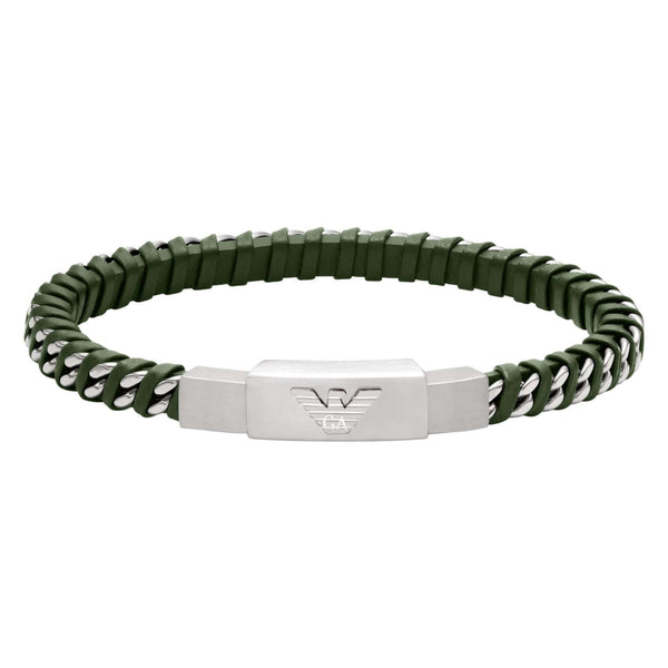 Ανδρικό βραχιόλι Emporio Armani Eagle Logo EGS3320040 με πλεκτό δερμάτινο λουράκι σε πράσινο χρώμα, ασημί λεπτομέρειες και μοτίφ ταυτότητα από ανοξείδωτο ατσάλι σε ασημί χρώμα.