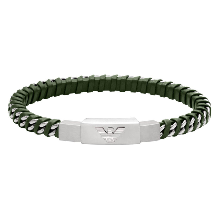Ανδρικό βραχιόλι Emporio Armani Eagle Logo EGS3320040 με πλεκτό δερμάτινο λουράκι σε πράσινο χρώμα, ασημί λεπτομέρειες και μοτίφ ταυτότητα από ανοξείδωτο ατσάλι σε ασημί χρώμα.