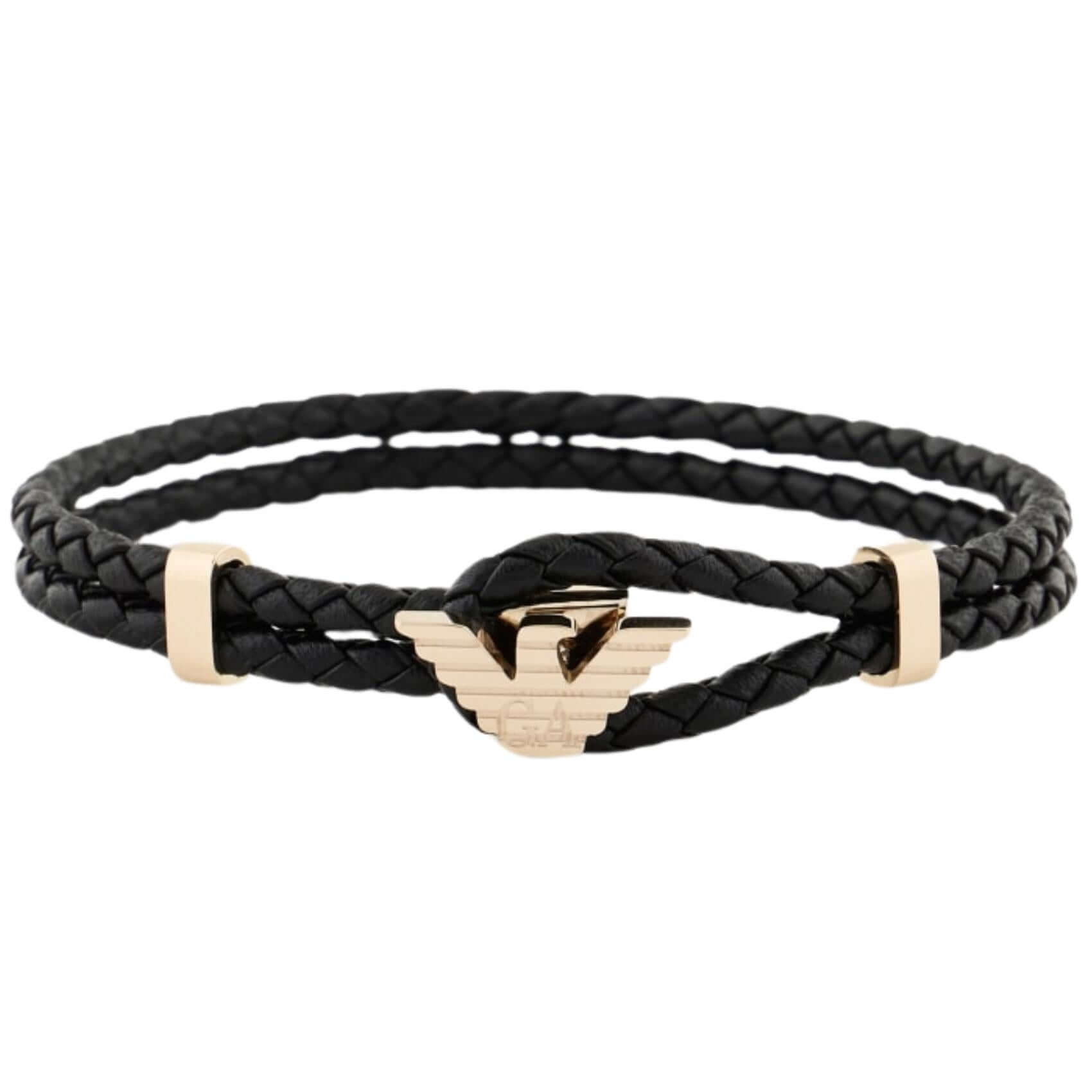 Ανδρικό βραχιόλι Emporio Armani Eagle Logo EGS3321710 με μαύρο δερμάτινο λουράκι και μοτίφ λογότυπο από ανοξείδωτο ατσάλι σε χρυσό χρώμα.