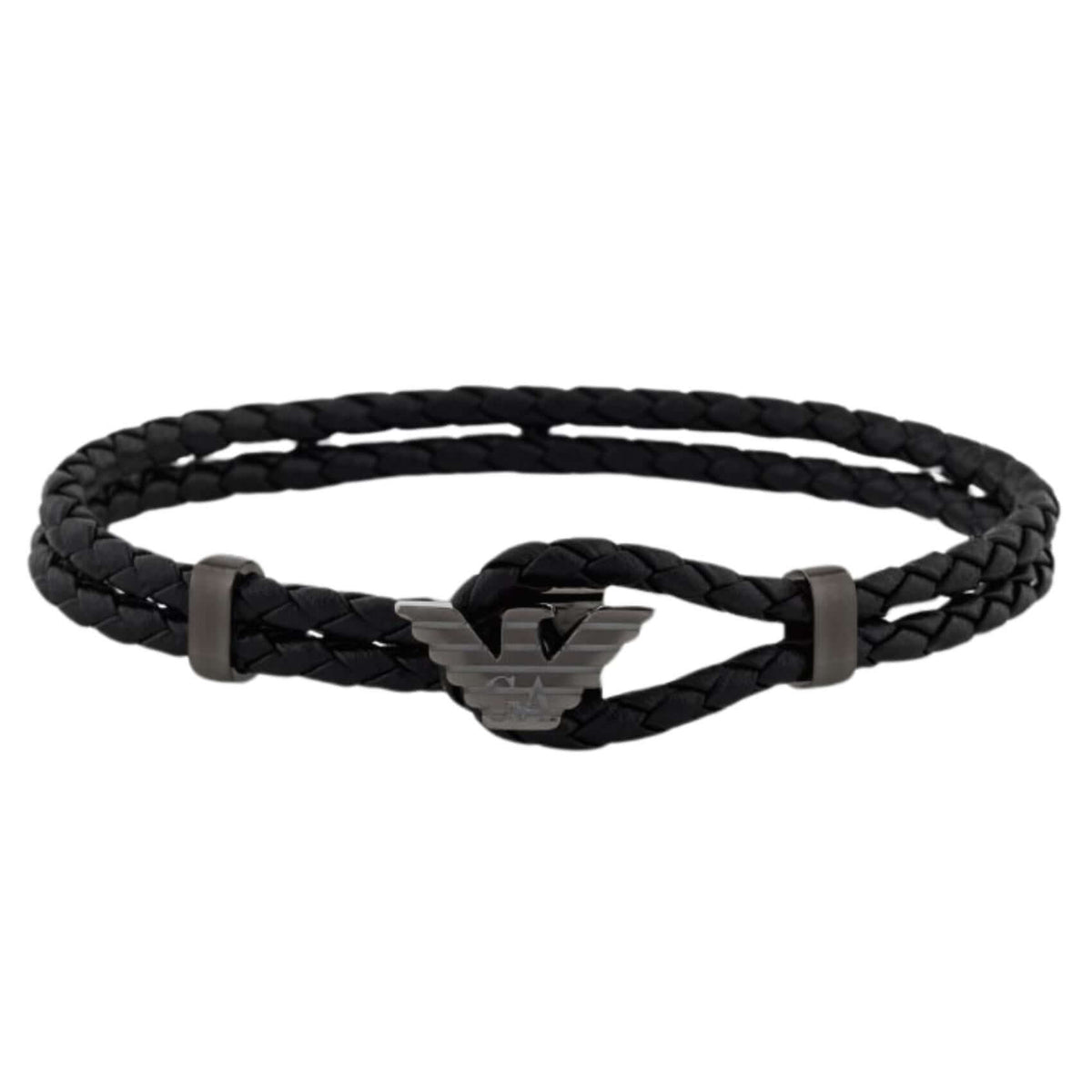 Ανδρικό βραχιόλι Emporio Armani Eagle Logo EGS3322060 με μαύρο δερμάτινο λουράκι και μοτίφ λογότυπο από ανοξείδωτο ατσάλι σε ανθρακί χρώμα.