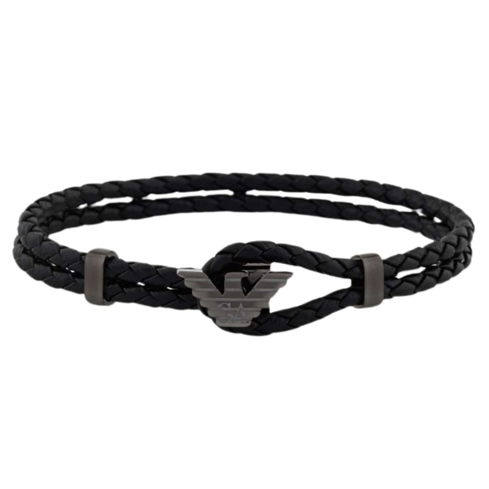 Ανδρικό βραχιόλι Emporio Armani Eagle Logo EGS3322060 με μαύρο δερμάτινο λουράκι και μοτίφ λογότυπο από ανοξείδωτο ατσάλι σε ανθρακί χρώμα.