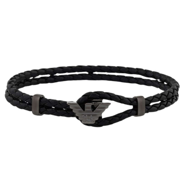 Ανδρικό βραχιόλι Emporio Armani Eagle Logo EGS3322060 με μαύρο δερμάτινο λουράκι και μοτίφ λογότυπο από ανοξείδωτο ατσάλι σε ανθρακί χρώμα.