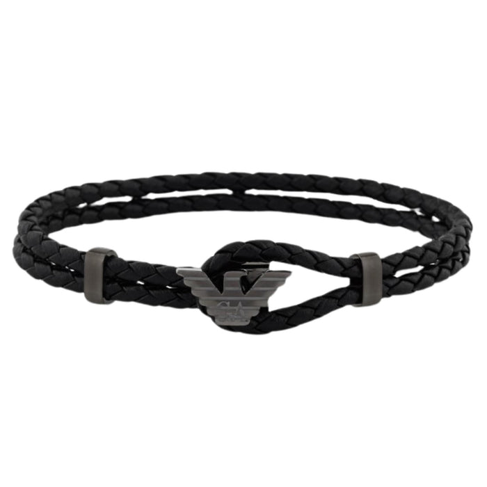 Ανδρικό βραχιόλι Emporio Armani Eagle Logo EGS3322060 με μαύρο δερμάτινο λουράκι και μοτίφ λογότυπο από ανοξείδωτο ατσάλι σε ανθρακί χρώμα.