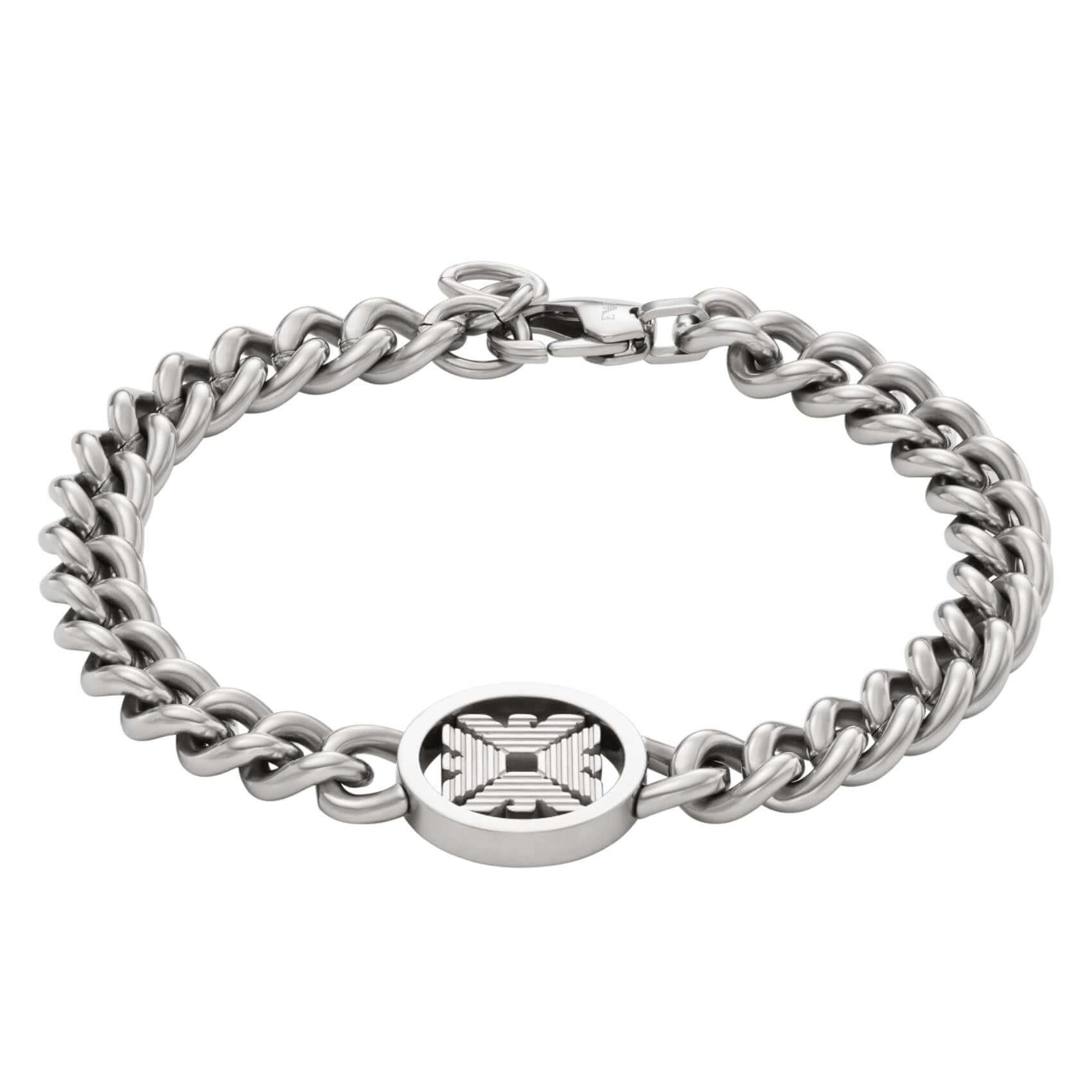 Ανδρικό βραχιόλι Emporio Armani EGS3041040 από ανοξείδωτο ατσάλι σε ασημί χρώμα με σχέδιο κρίκο-κρίκο και στρογγυλό κούμπωμα ασφαλείας.