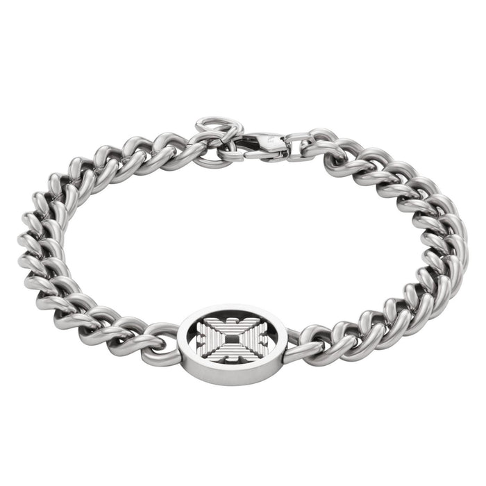 Ανδρικό βραχιόλι Emporio Armani EGS3041040 από ανοξείδωτο ατσάλι σε ασημί χρώμα με σχέδιο κρίκο-κρίκο και στρογγυλό κούμπωμα ασφαλείας.