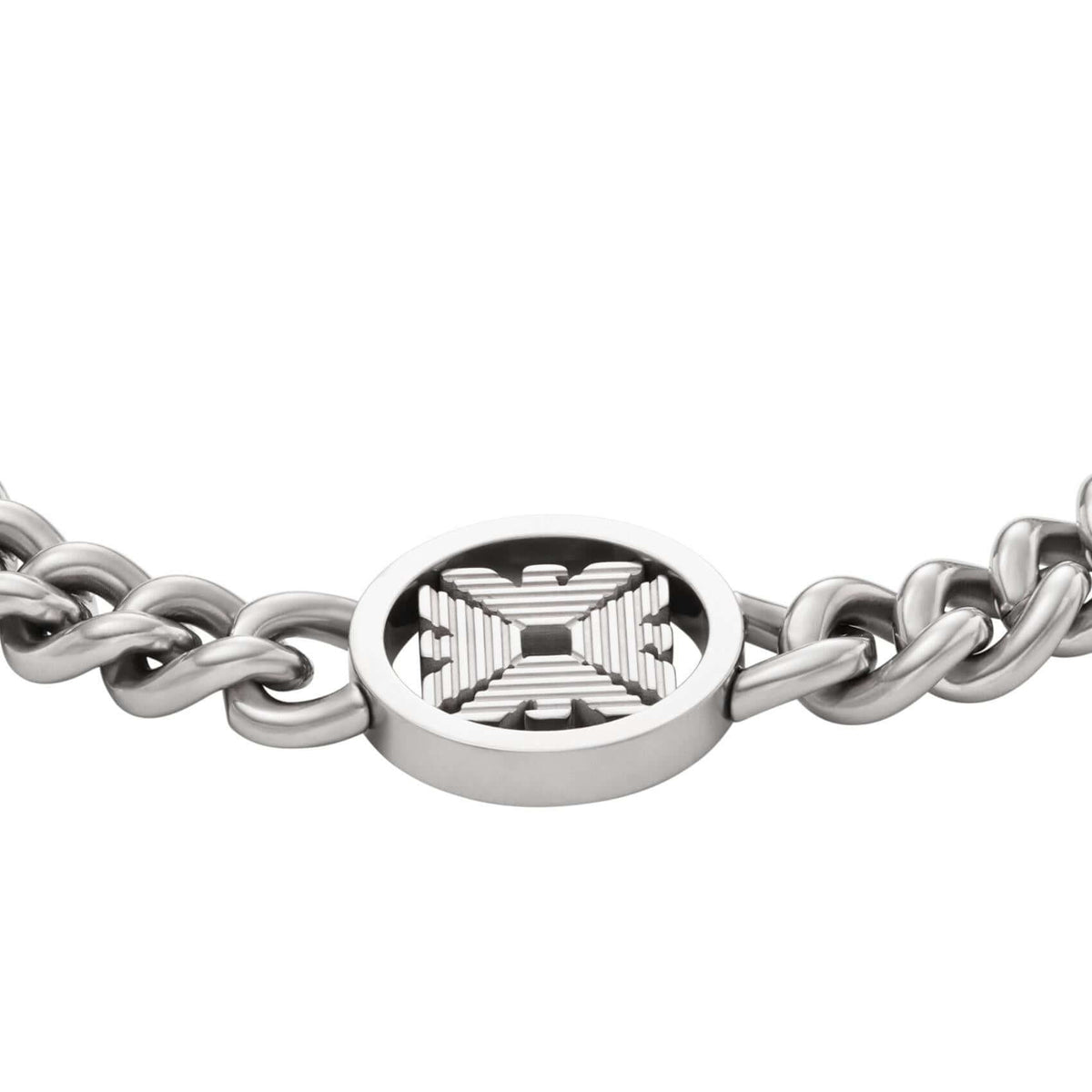 Λεπτομέρεια από το ανδρικό βραχιόλι Emporio Armani EGS3041040 με κρίκους από ανοξείδωτο ατσάλι.