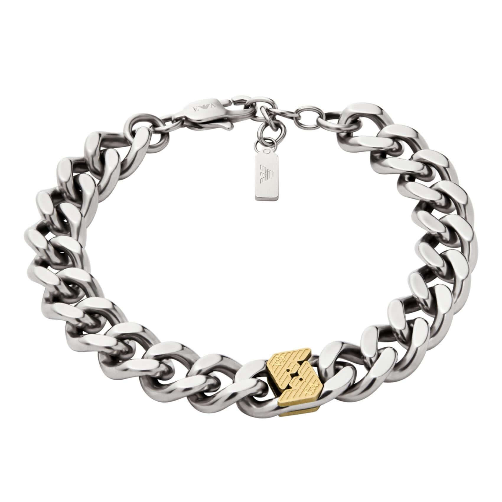 Ανδρικό βραχιόλι Emporio Armani EGS3186040 από ανοξείδωτο ατσάλι σε ασημί χρώμα με κούμπωμα σε χρυσό χρώμα και σχέδιο αλυσίδας. 