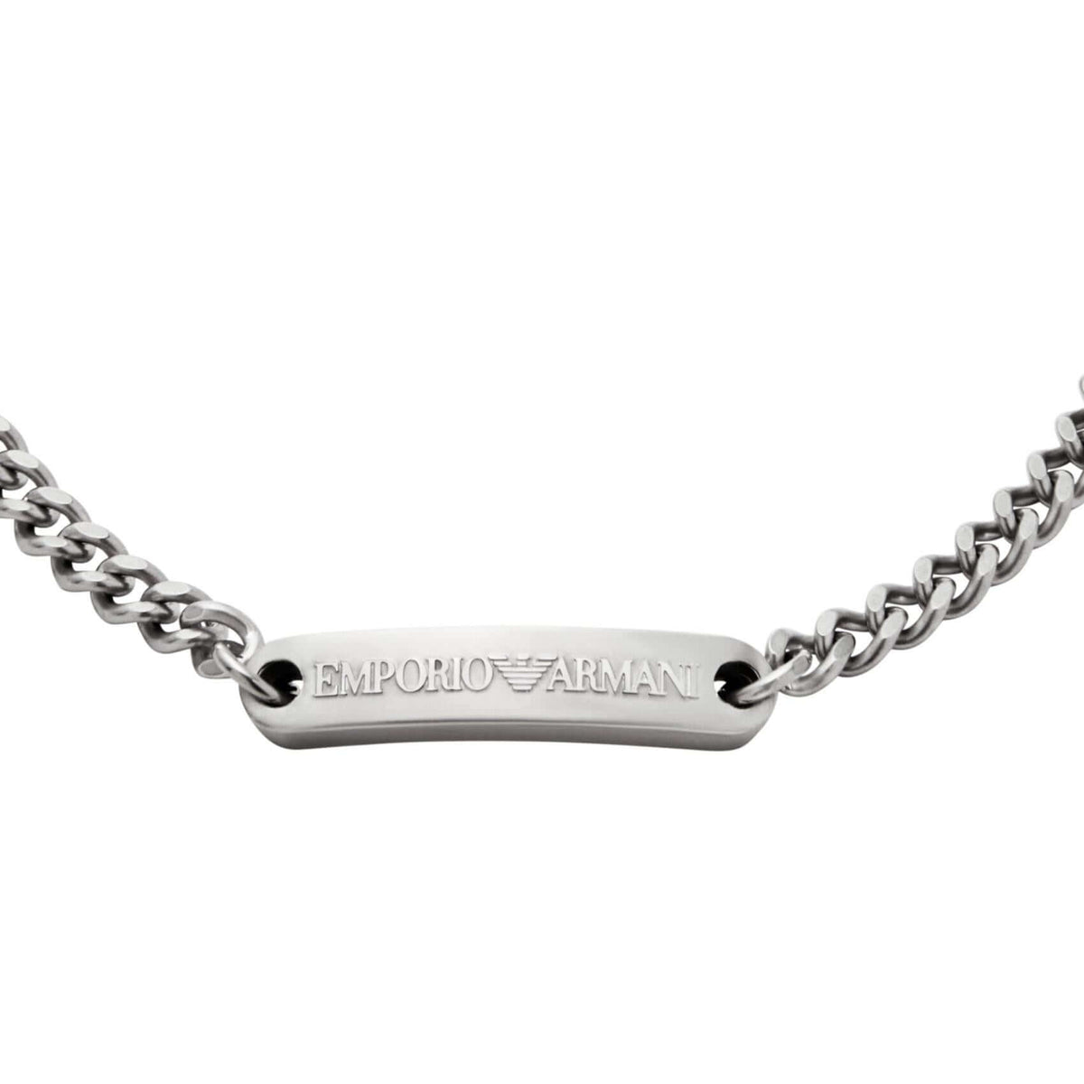 Ανδρικό βραχιόλι Emporio Armani EGS3189040 από ανοξείδωτο ατσάλι σε ασημί χρώμα με ταυτότητα, κοντινό.